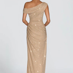 Oriana Satin Maxi Dress in Gold front view - Maeve & Erin Dublin