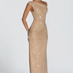 Oriana Satin Maxi Dress in Gold full length - Maeve & Erin Dublin
