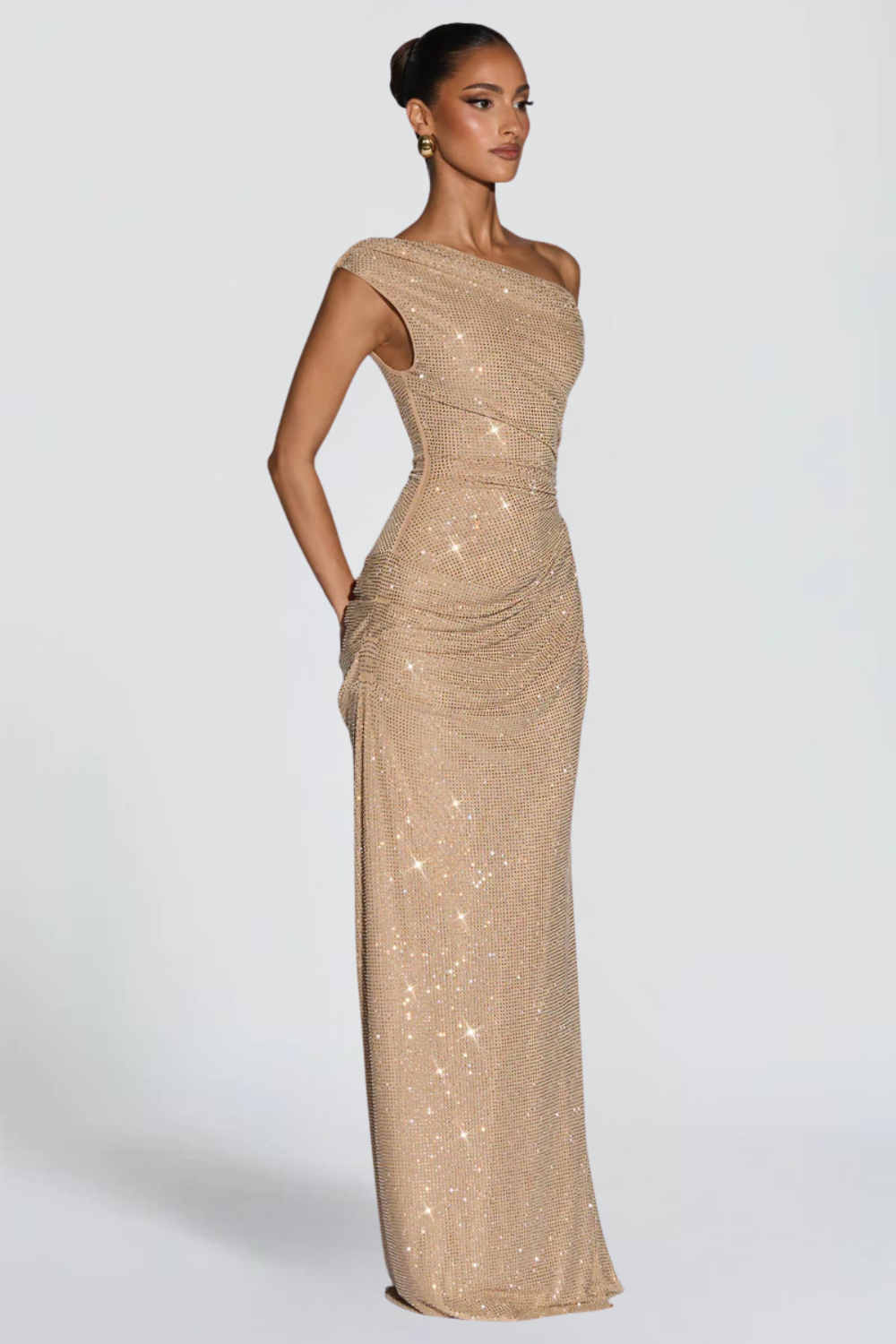 Oriana Satin Maxi Dress in Gold full length - Maeve & Erin Dublin
