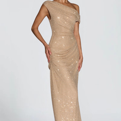 Oriana Satin Maxi Dress in Gold detail - Maeve & Erin Dublin