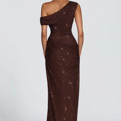 Oriana Satin Maxi Dress in Brown front view - Maeve & Erin Dublin