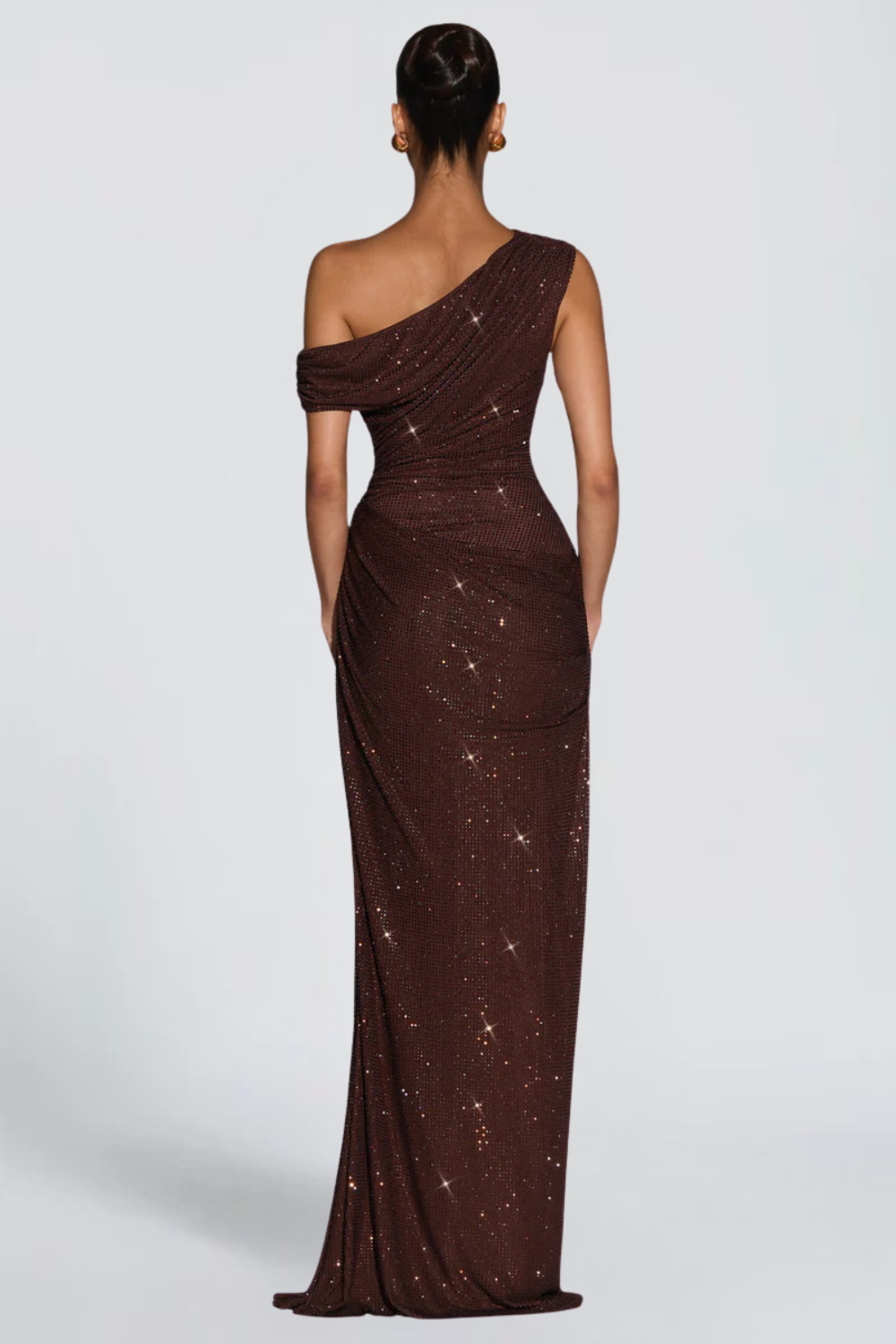 Oriana Satin Maxi Dress in Brown front view - Maeve & Erin Dublin