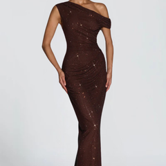 Oriana Satin Maxi Dress in Brown detail - Maeve & Erin Dublin