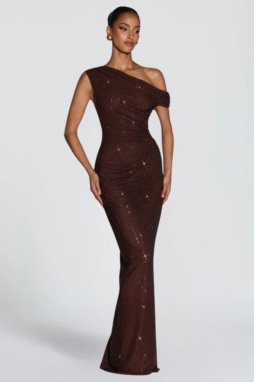 Oriana Satin Maxi Dress in Brown detail - Maeve & Erin Dublin