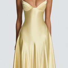 Butter Yellow Satin Maxi Dress in Butter Yellow, view 4