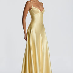 Butter Yellow Satin Maxi Dress in Butter Yellow, view 3