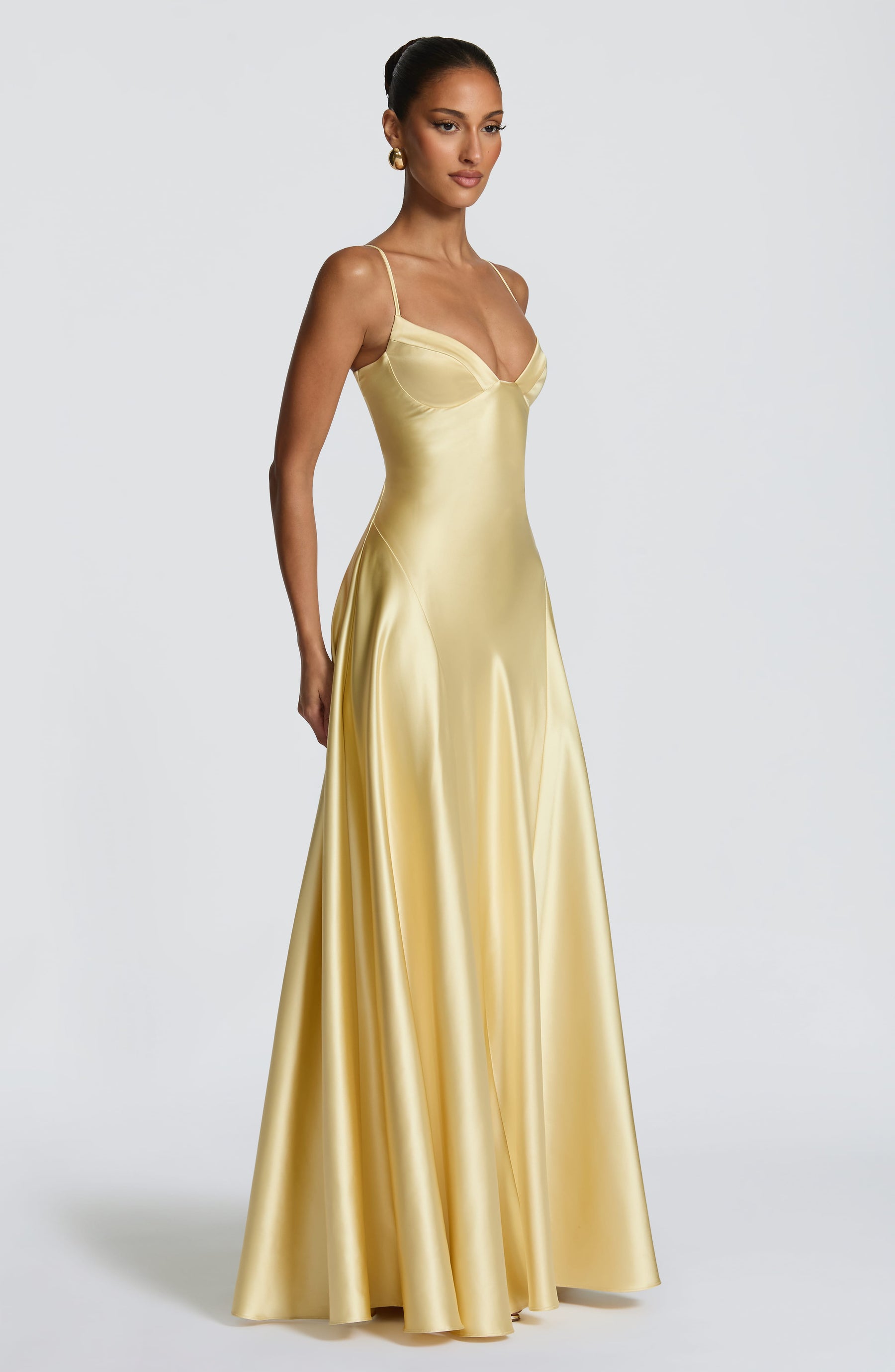Butter Yellow Satin Maxi Dress in Butter Yellow, view 3