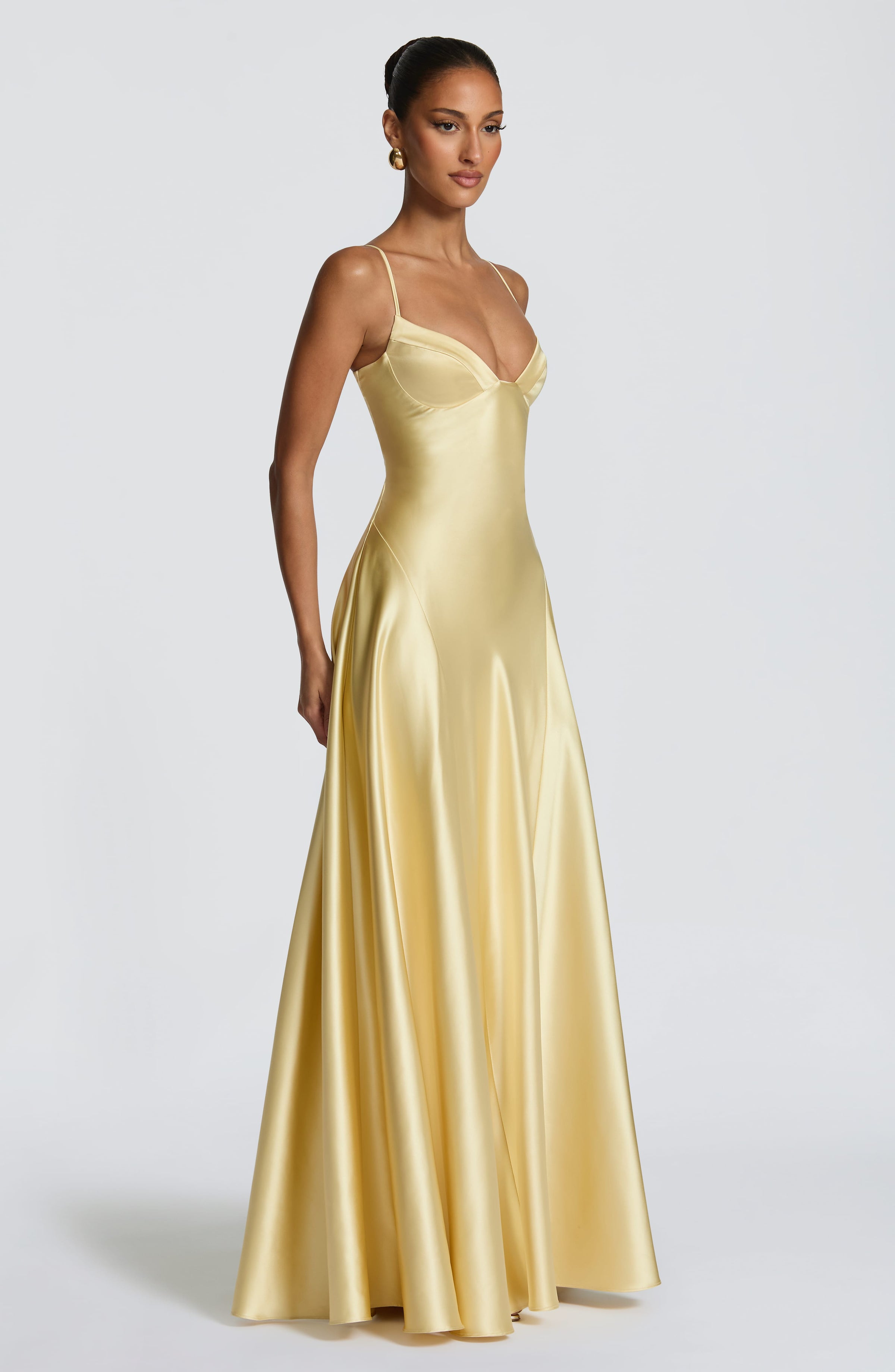 Butter Yellow Satin Maxi Dress in Butter Yellow, view 3