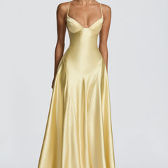 Butter Yellow Satin Maxi Dress in Butter Yellow, view 5