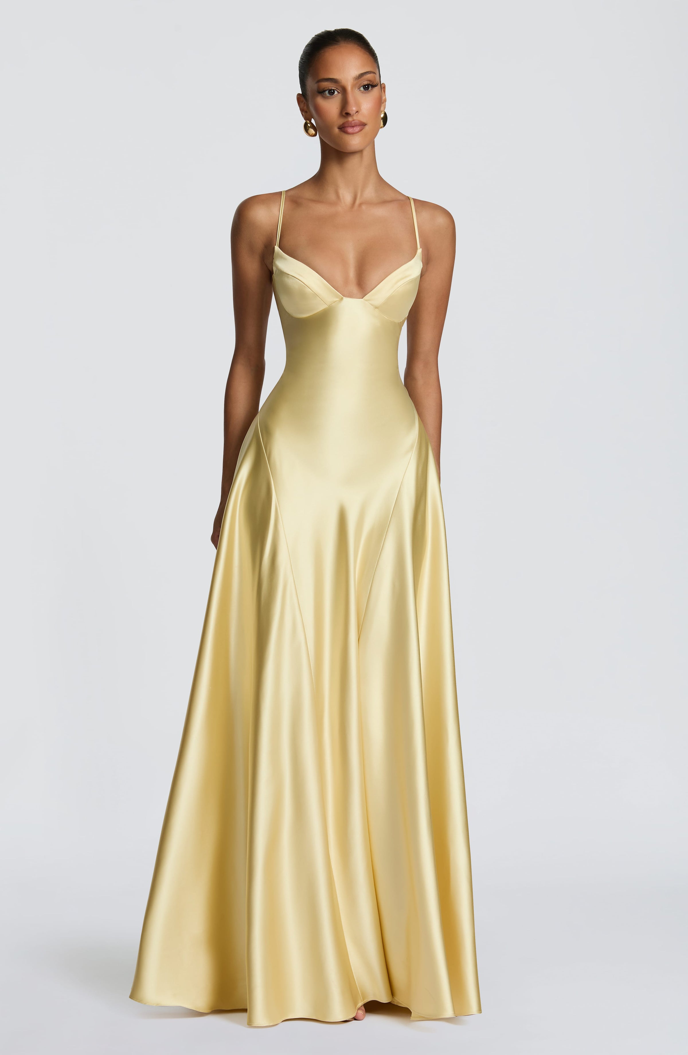 Butter Yellow Satin Maxi Dress in Butter Yellow, view 5