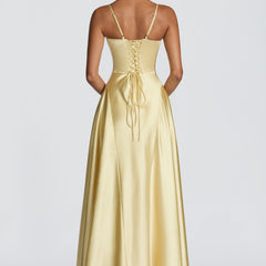 Butter Yellow Satin Maxi Dress in Butter Yellow, view 2