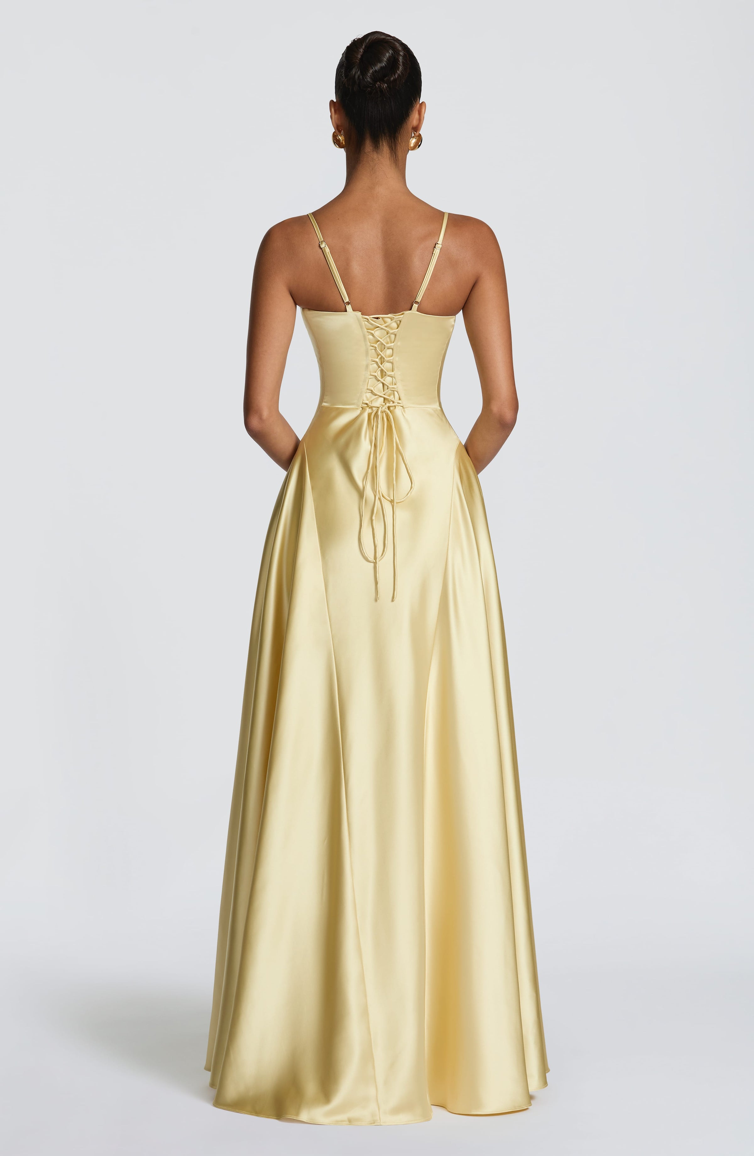 Butter Yellow Satin Maxi Dress in Butter Yellow, view 2