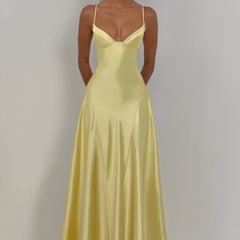 Butter Yellow Satin Maxi Dress in Butter Yellow, view 6