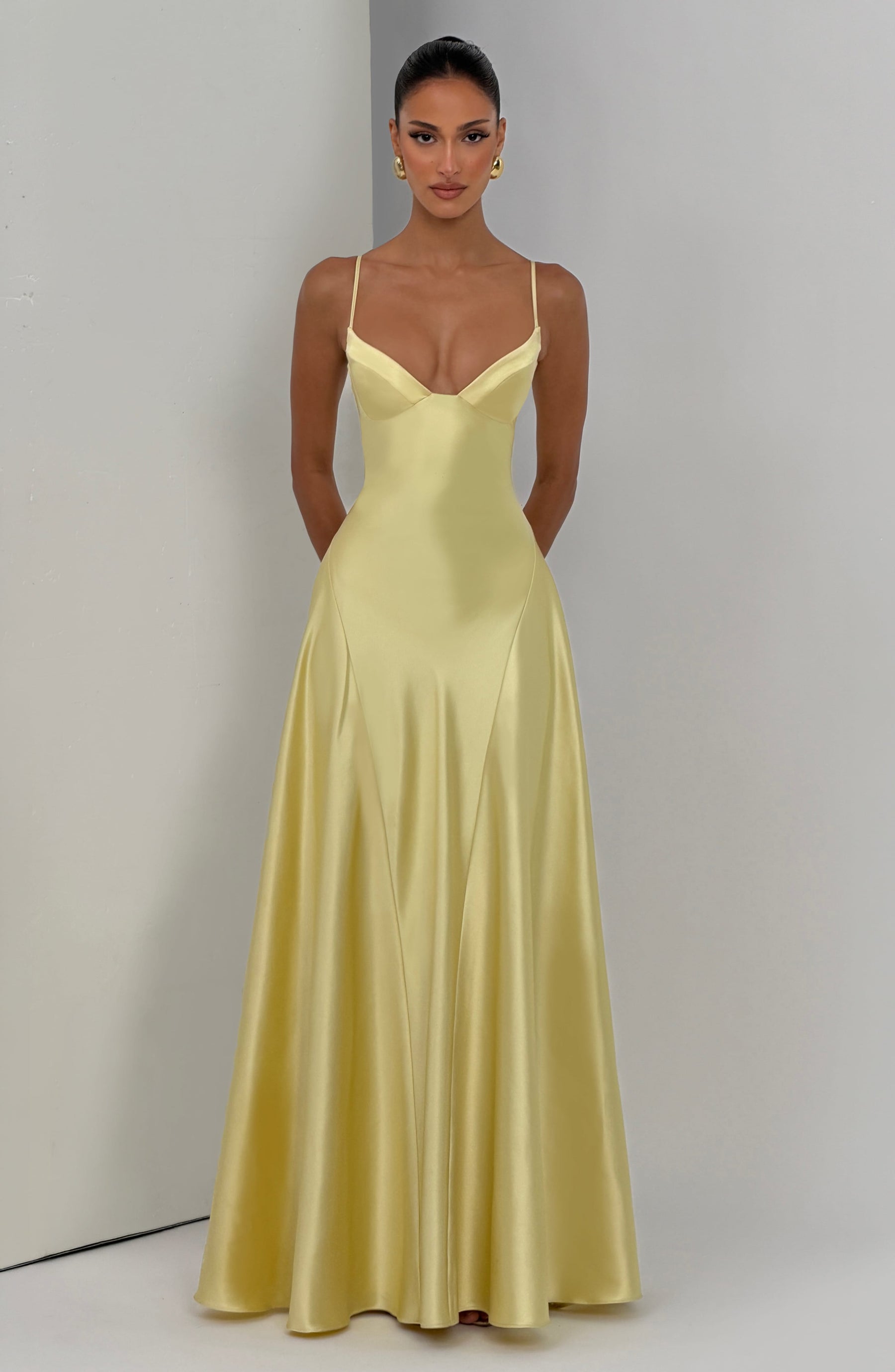 Butter Yellow Satin Maxi Dress in Butter Yellow, view 6