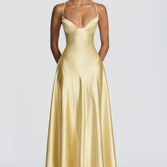 Butter Yellow Satin Maxi Dress in Butter Yellow, view 1