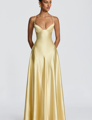 Butter Yellow Satin Maxi Dress in Butter Yellow, view 1