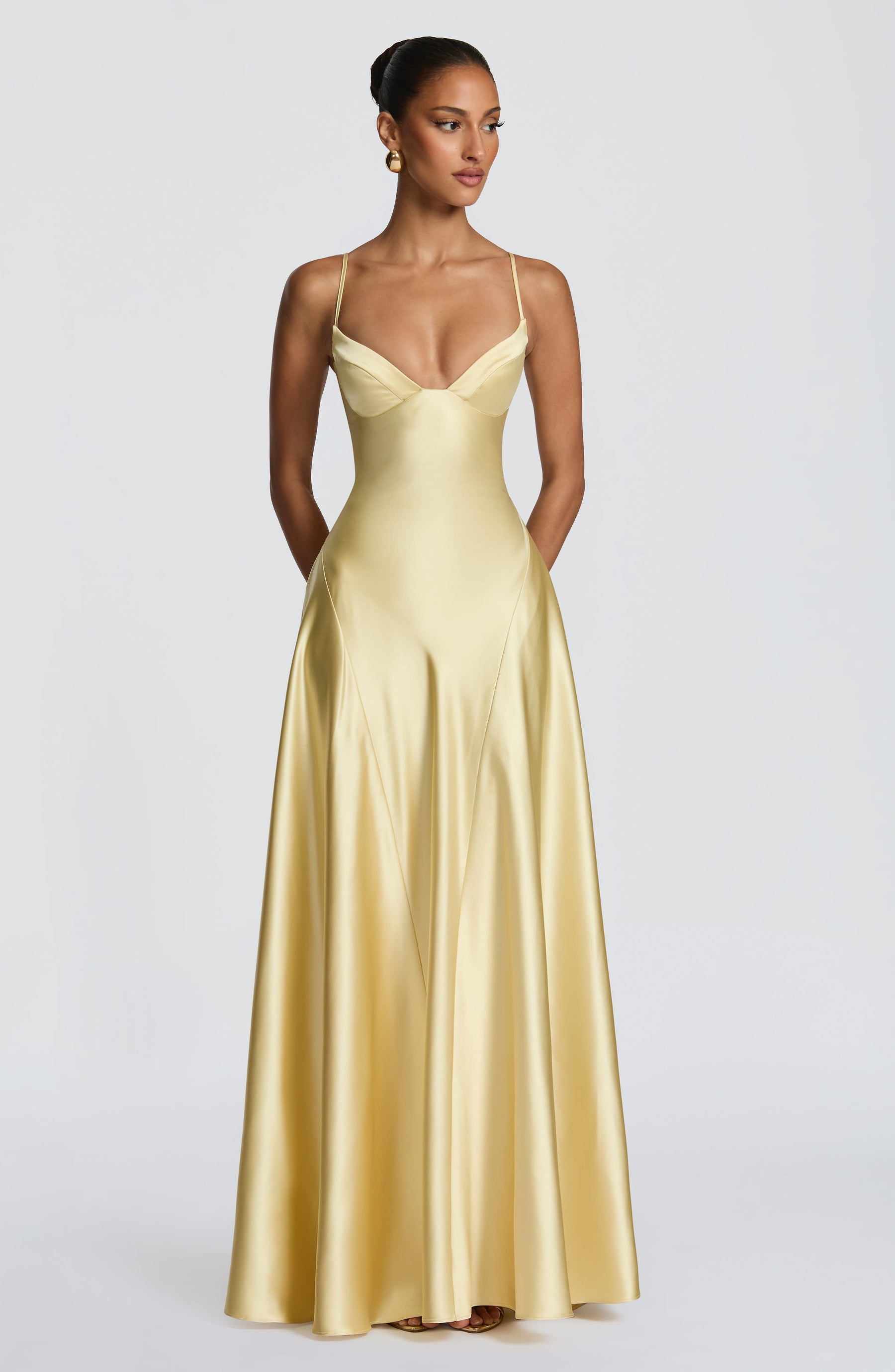 Butter Yellow Satin Maxi Dress in Butter Yellow, view 1