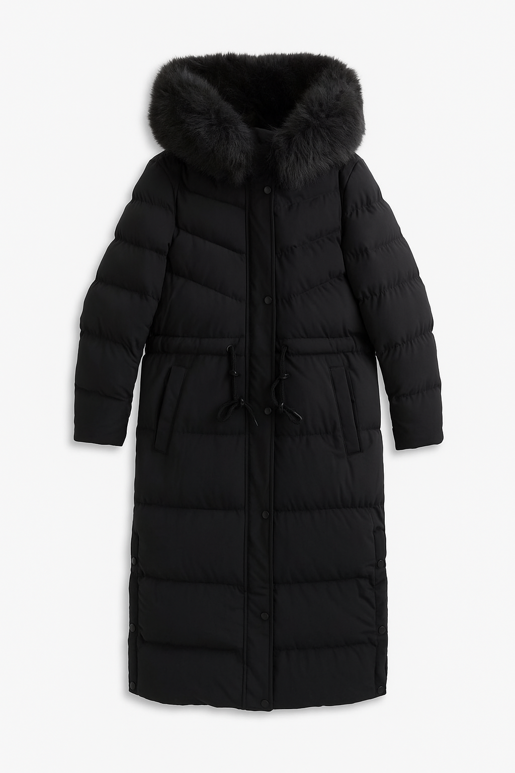 Longline drawstring puffer coat in Black