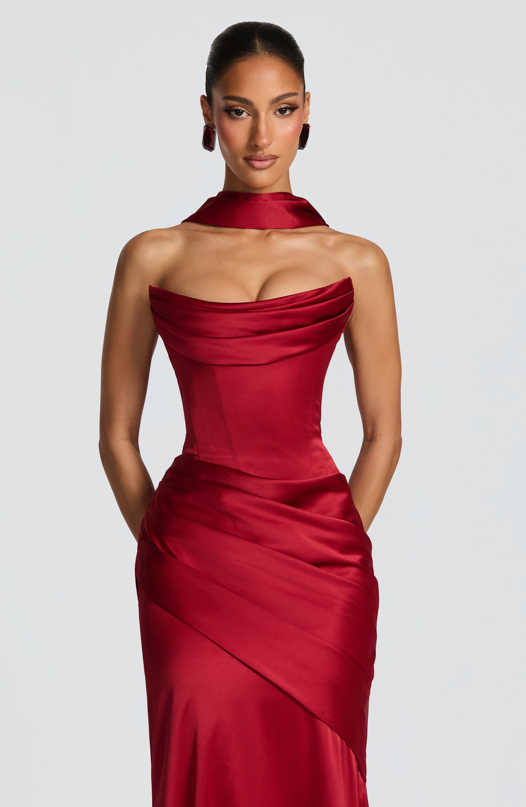 Deep Red Satin Maxi Dress in Deep Red, view 7