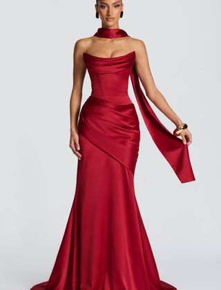 Deep Red Satin Maxi Dress in Deep Red, view 1