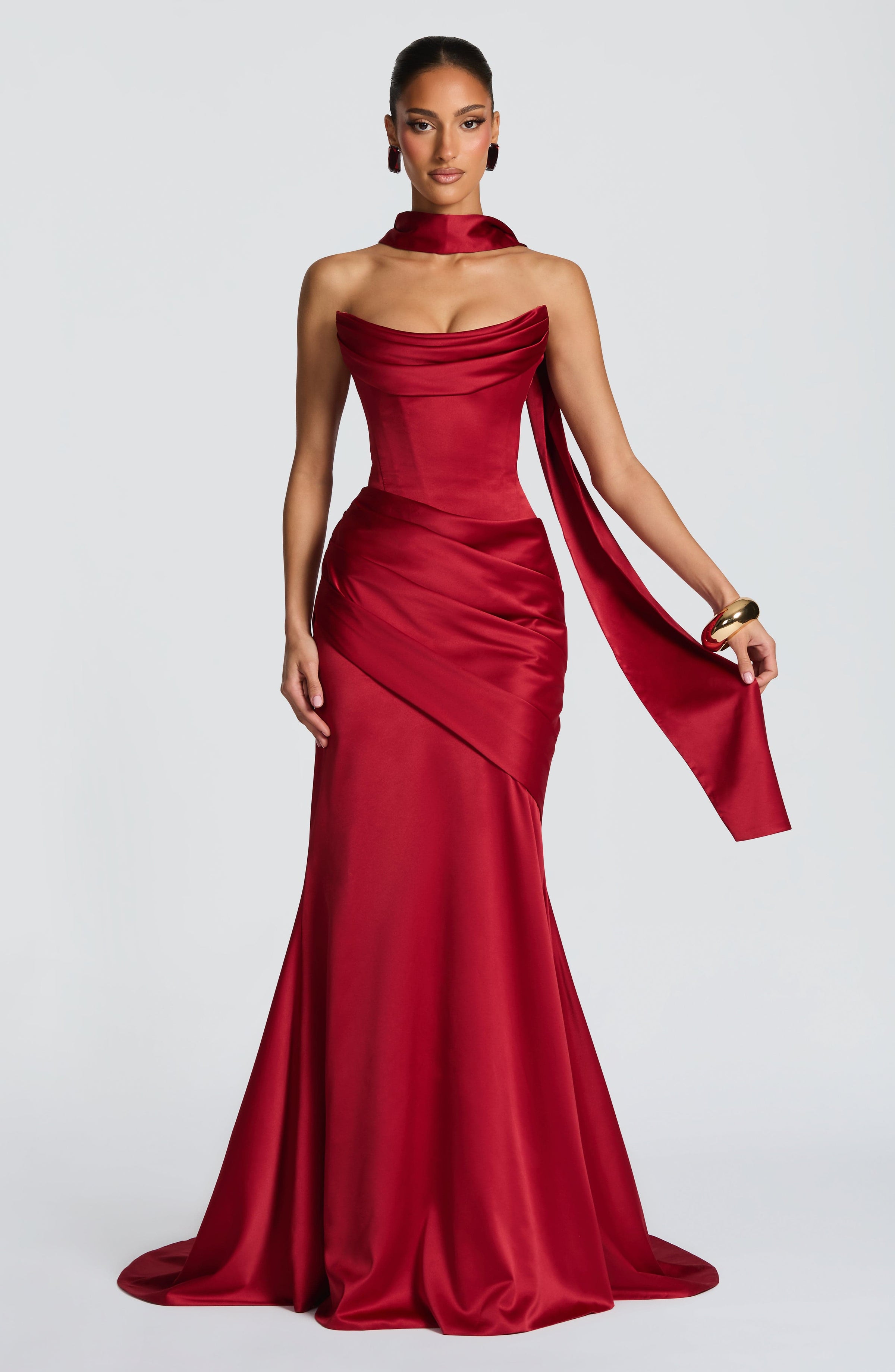 Deep Red Satin Maxi Dress in Deep Red, view 1
