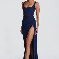 Nerina Corset Maxi Dress in Navy side detail - Maeve & Erin Dublin