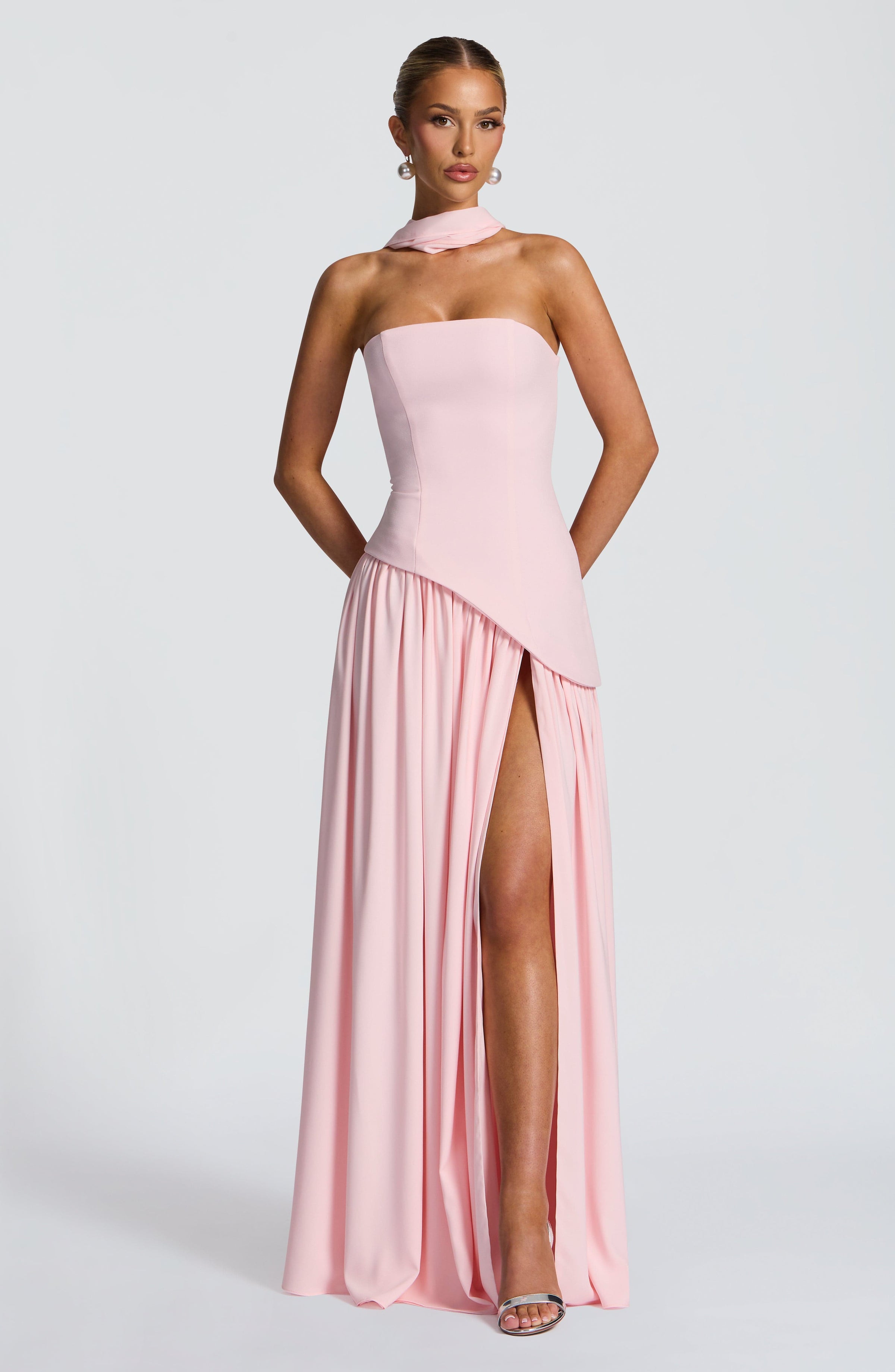 Baby Blue Corset Maxi Dress in Blush