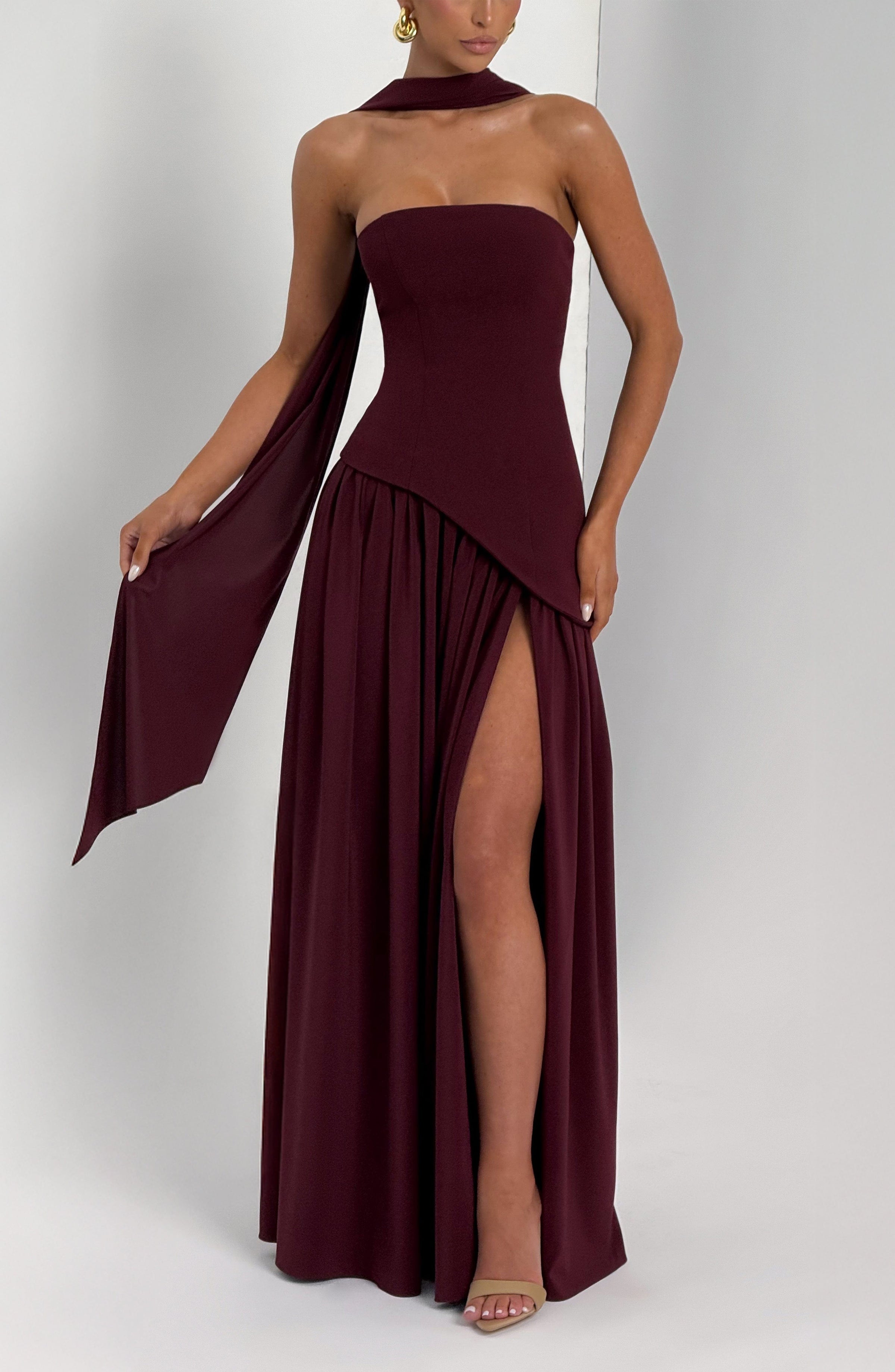 Baby Blue Corset Maxi Dress in Cherry Lacquer