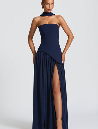 Baby Blue Corset Maxi Dress in Navy