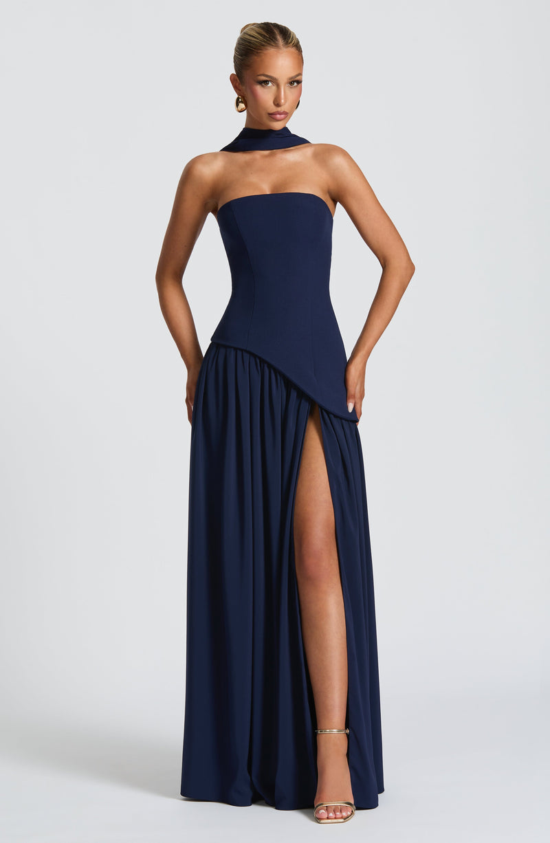 Baby Blue Corset Maxi Dress in Navy