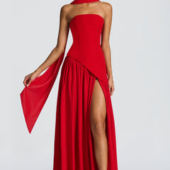 Baby Blue Corset Maxi Dress in Red