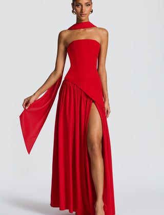 Baby Blue Corset Maxi Dress in Red