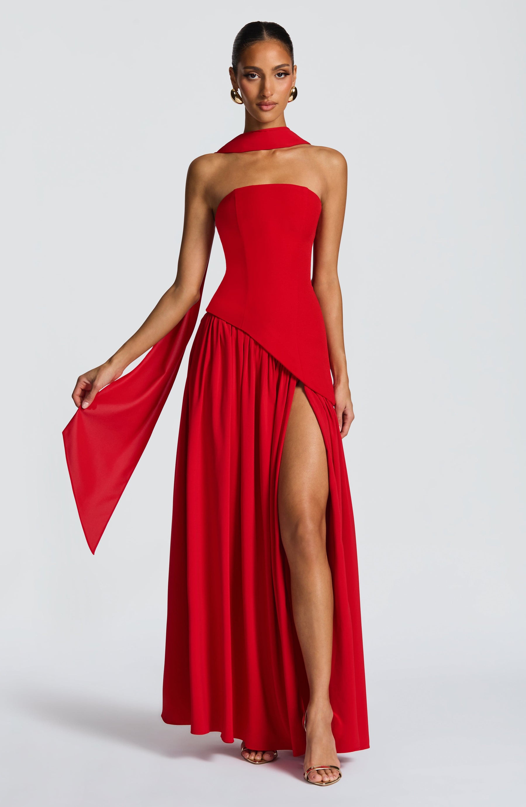 Baby Blue Corset Maxi Dress in Red