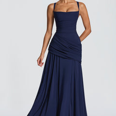 Butter Yellow Chiffon Maxi Dress in Navy
