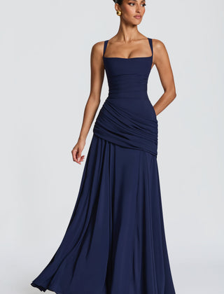 Butter Yellow Chiffon Maxi Dress in Navy