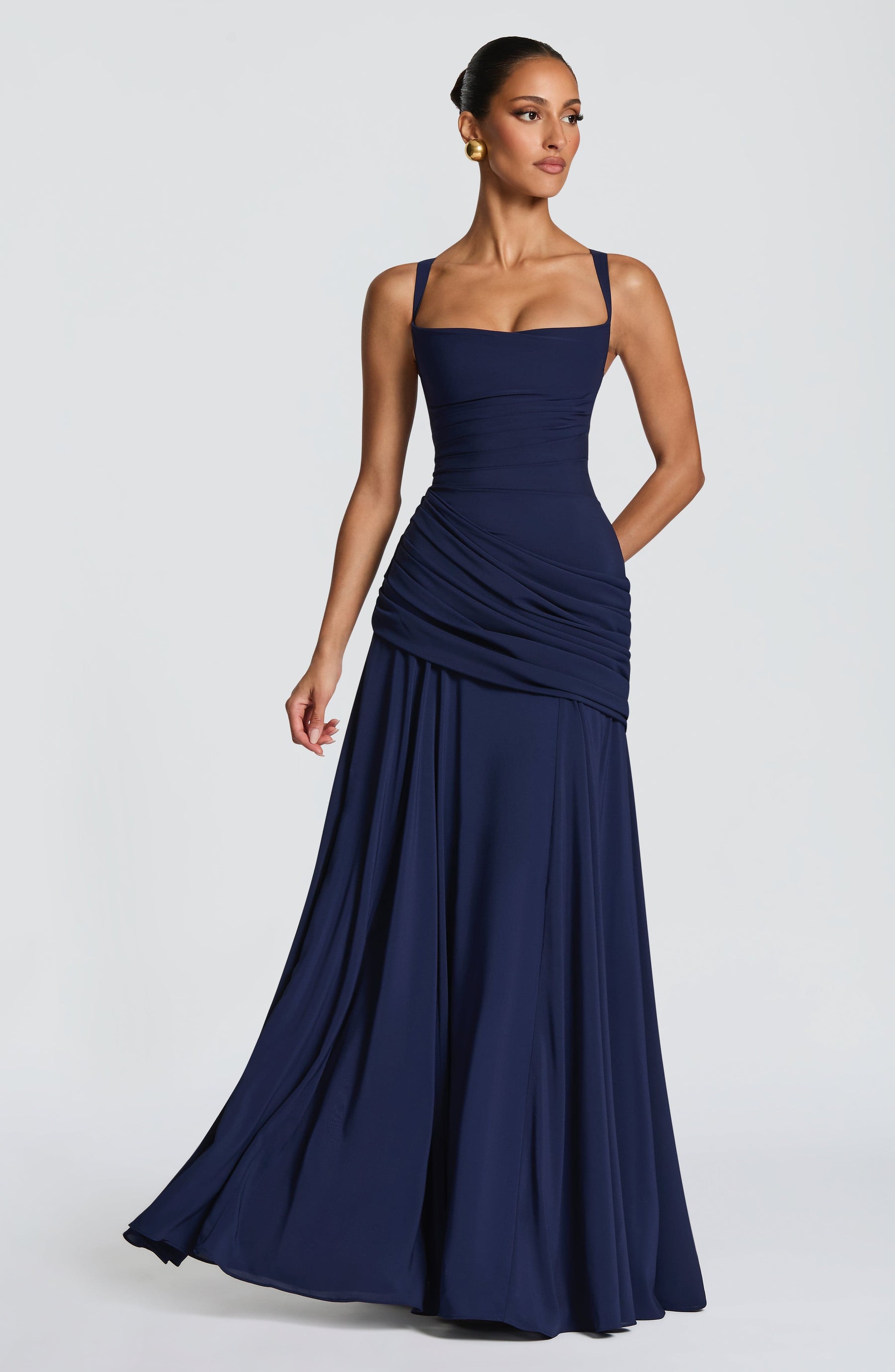 Butter Yellow Chiffon Maxi Dress in Navy