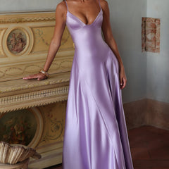 Butter Yellow Satin Maxi Dress in Lilac