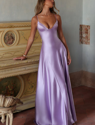Butter Yellow Satin Maxi Dress in Lilac