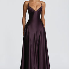 Butter Yellow Satin Maxi Dress in Plum