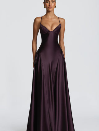 Butter Yellow Satin Maxi Dress in Plum
