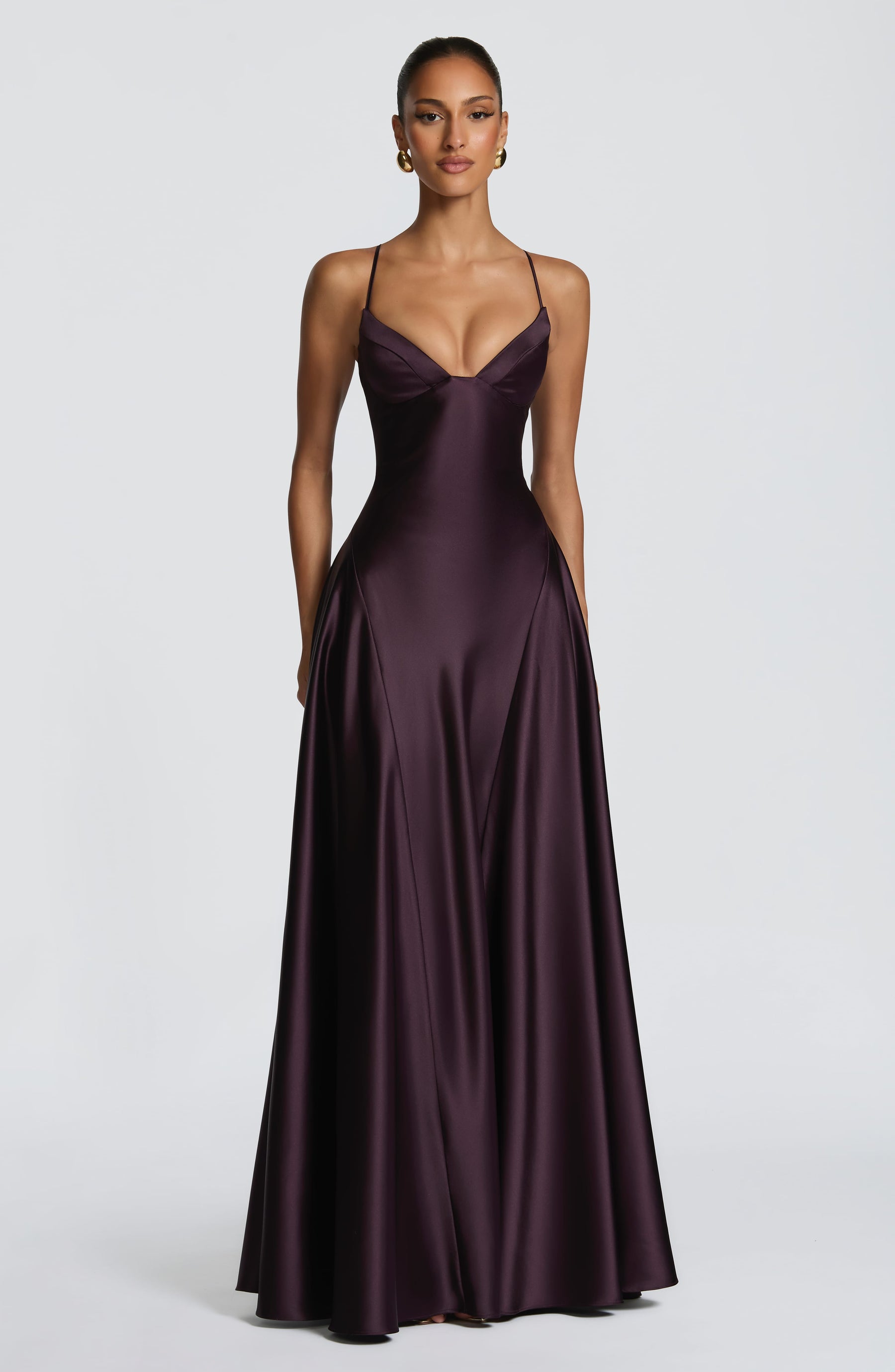 Butter Yellow Satin Maxi Dress in Plum
