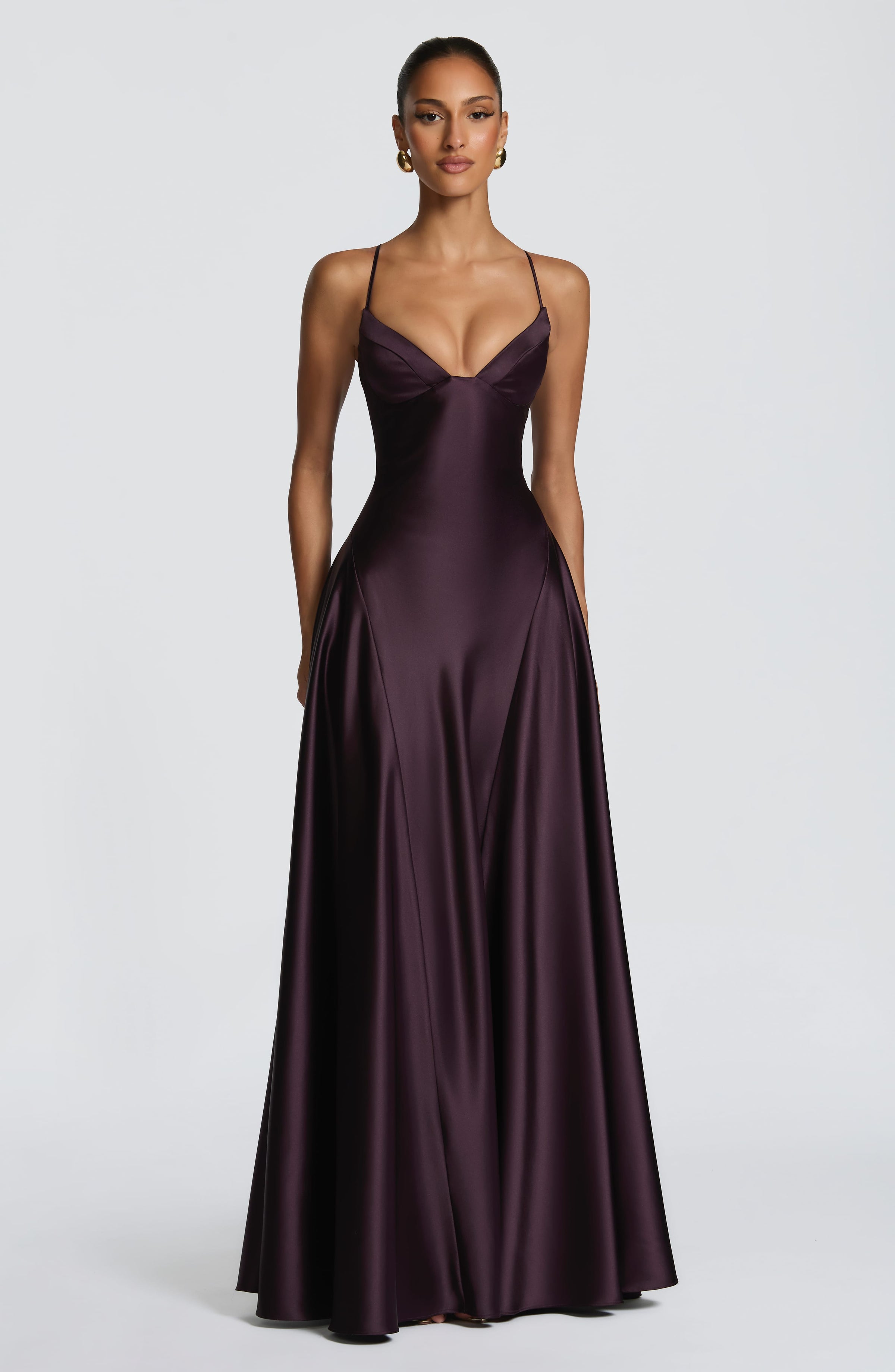 Butter Yellow Satin Maxi Dress in Plum