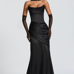 Deep Red Satin Maxi Dress in Black