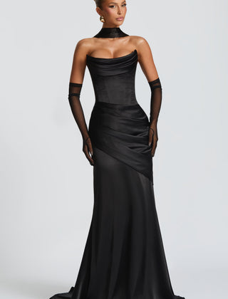 Deep Red Satin Maxi Dress in Black