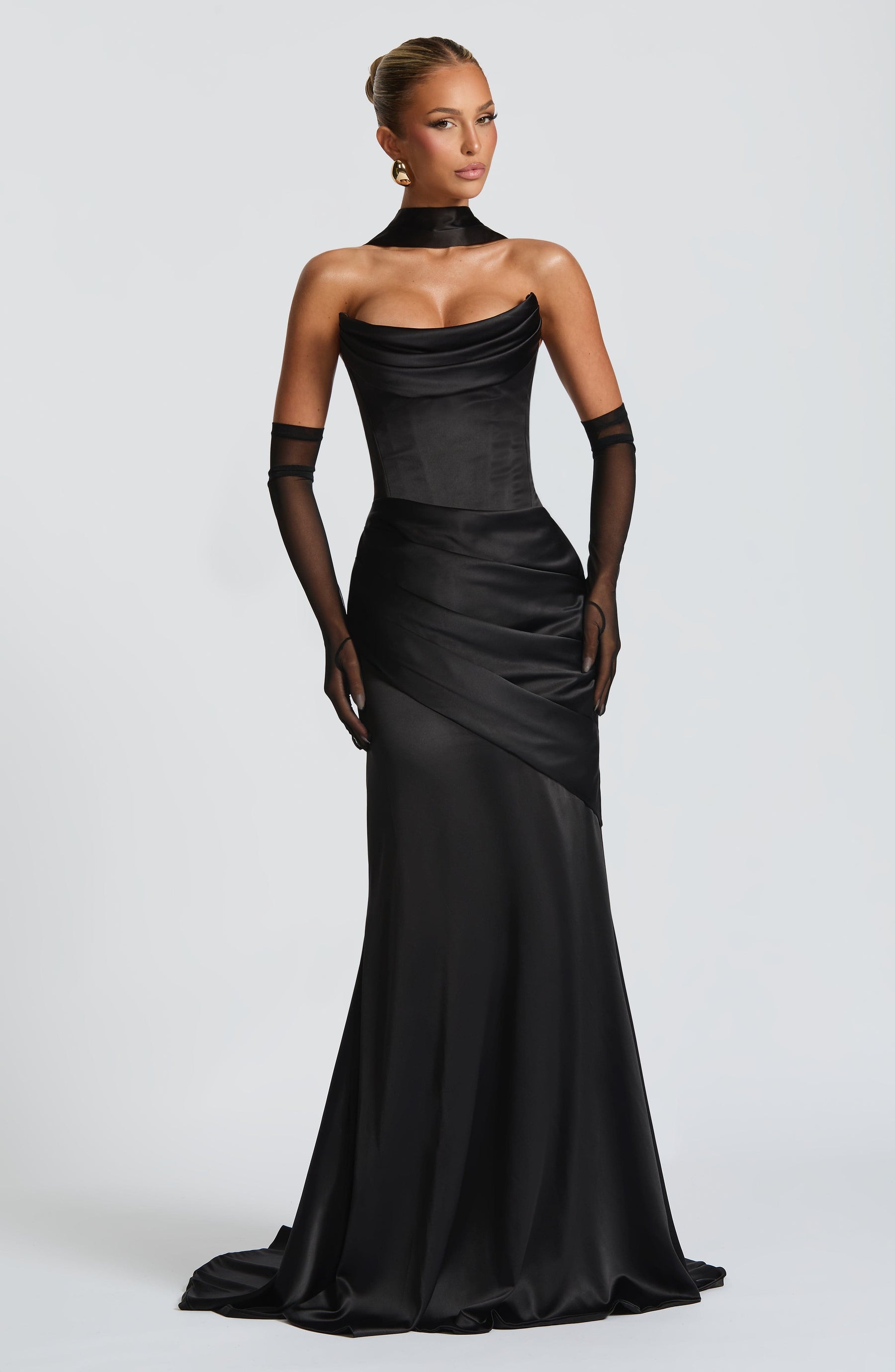 Deep Red Satin Maxi Dress in Black