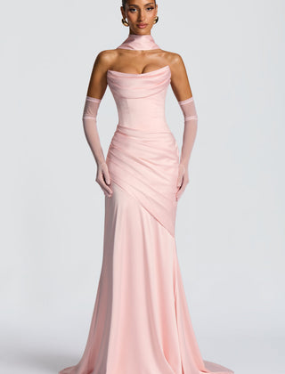 Deep Red Satin Maxi Dress in Blush