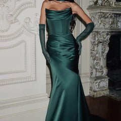 Deep Red Satin Maxi Dress in Emerald