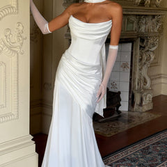 Deep Red Satin Maxi Dress in Ivory