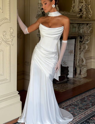 Deep Red Satin Maxi Dress in Ivory