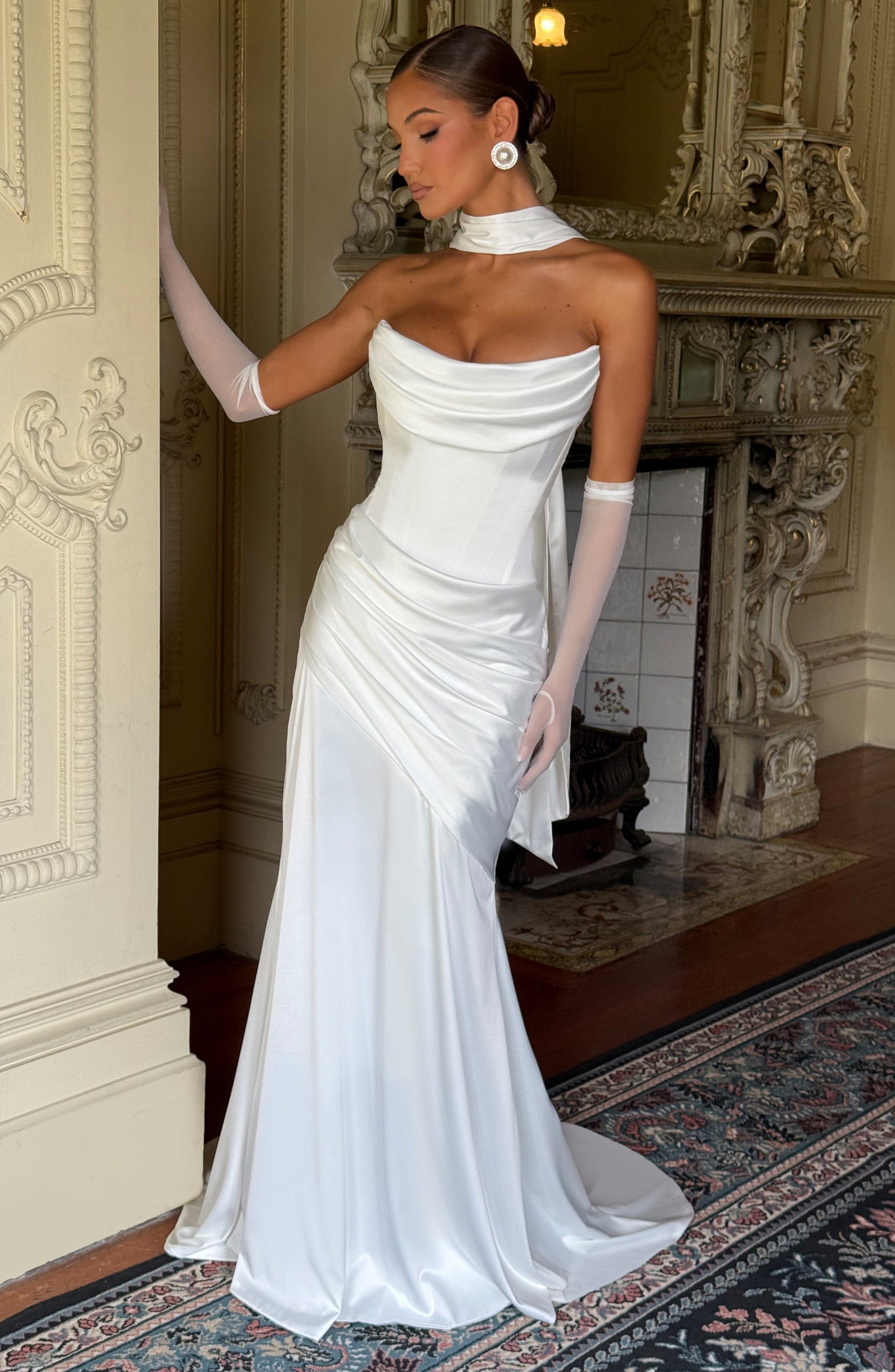 Deep Red Satin Maxi Dress in Ivory